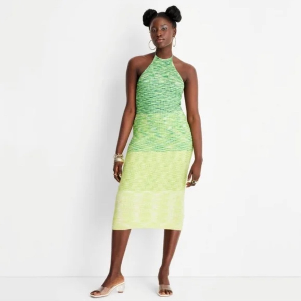 Future Collective Alani Noelle Green Ombre Halter Tie Neck Knit Dress SIZE XS